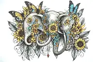 sunflowers, feathers, evil eye, dream catcher, butterflies, elephant tattoo design idea