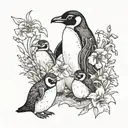 A penguin choir singing amidst a field of blooming flowers tattoo design idea