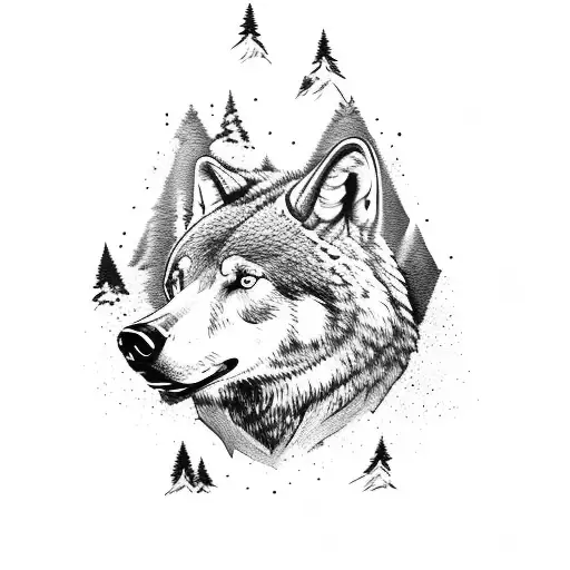 mountain scene with moose head above a bear head above two wolves  tattoo design idea