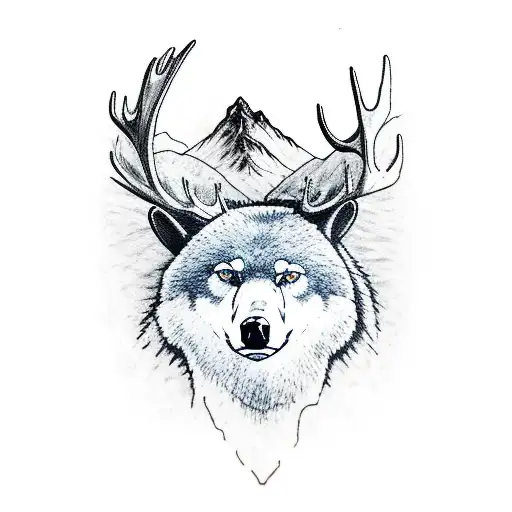 mountain scene with moose head above a bear head above two wolves  tattoo design idea
