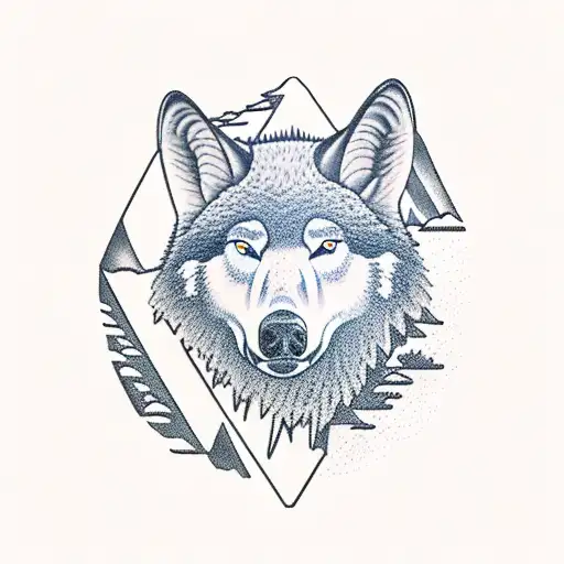 mountain scene with moose head, bear head, and two wolves  tattoo design idea