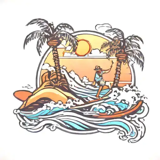 Ski mountain surfing beach scene with palm trees tattoo design idea