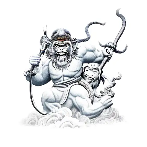 The Monkey King holding his staff riding his foo dog with clouds and chinese mountains tattoo design idea