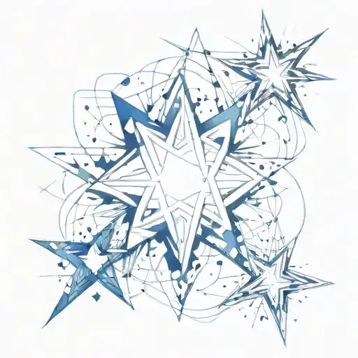 four-pointed stars of gradient iridescent blue color, surrounded by abstract lines and gasoline splashes of white and bl tattoo design idea