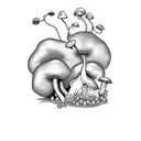 A teacher's desk covered in magical beans sprouting into various plants and mushrooms tattoo design idea