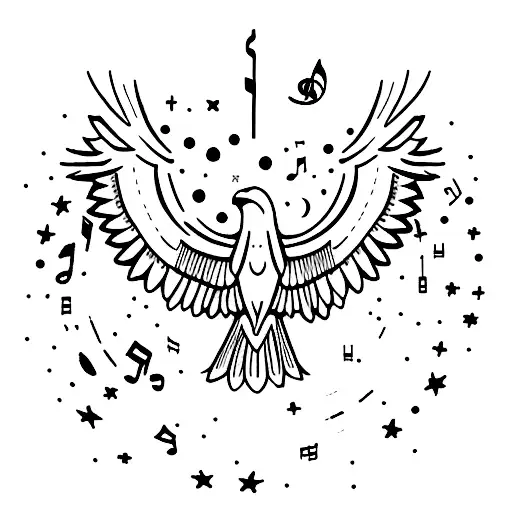 A minimalist tattoo of an eagle soaring through a galaxy filled with music notes tattoo design idea
