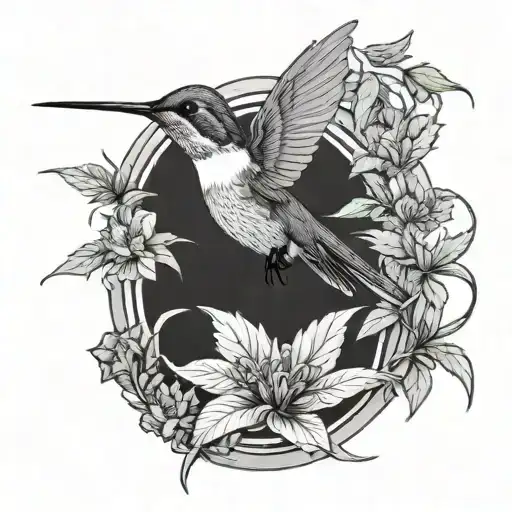 An elegant black and grey tattoo of a hummingbird hovering over a blooming cannabis plant, representing the beauty and harmony of nature and weed tattoo design idea