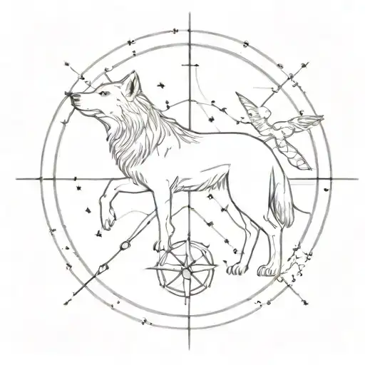 A celestial compass with constellations of a wolf and a bird tattoo design idea