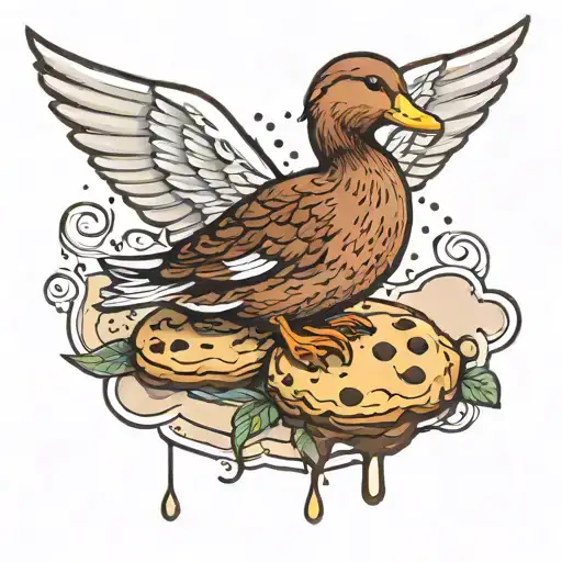 duck with angel wings and chocolate chip cookie tattoo design idea