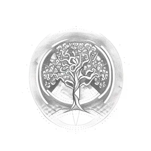 A sketch of a sleeve tattoo with a tree in the center, with its roots reaching d tattoo design idea