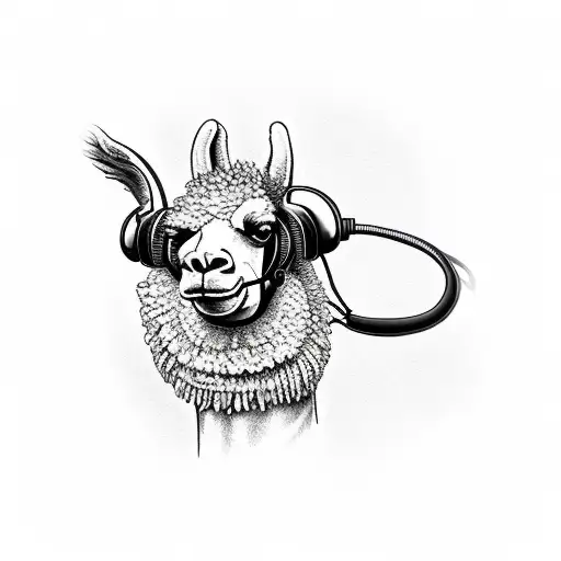 badass llama looking forward, with headphones. Full color tattoo design idea