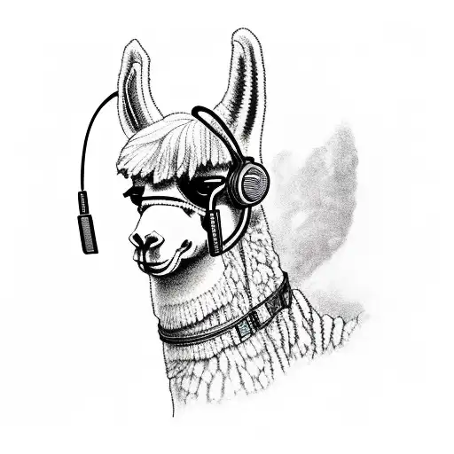 full colored badass llama looking forward, with headphones. tattoo design idea