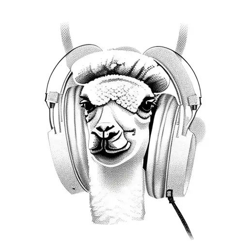 full colored badass llama looking forward, with headphones. tattoo design idea