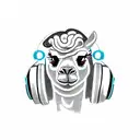 badass llama looking forward, with headphones. Full color tattoo design idea
