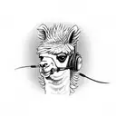 badass llama looking forward, with headphones. Full color tattoo design idea