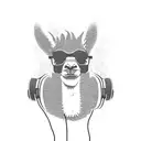 badass llama looking forward, with headphones. Full color tattoo design idea