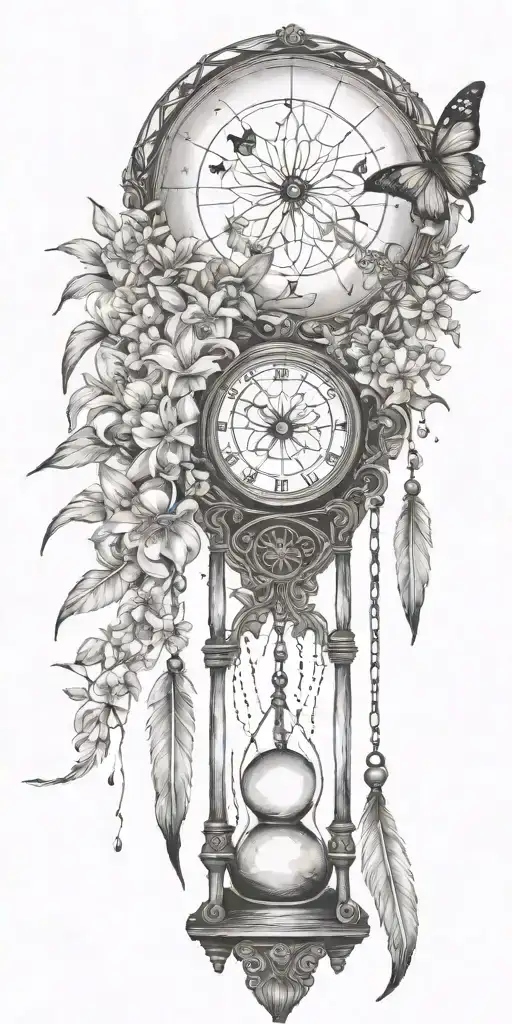 An hourglass moon dream catcher filled with lilies and butterflies Queen Anne's lace  nature tears broken depressed tattoo design idea