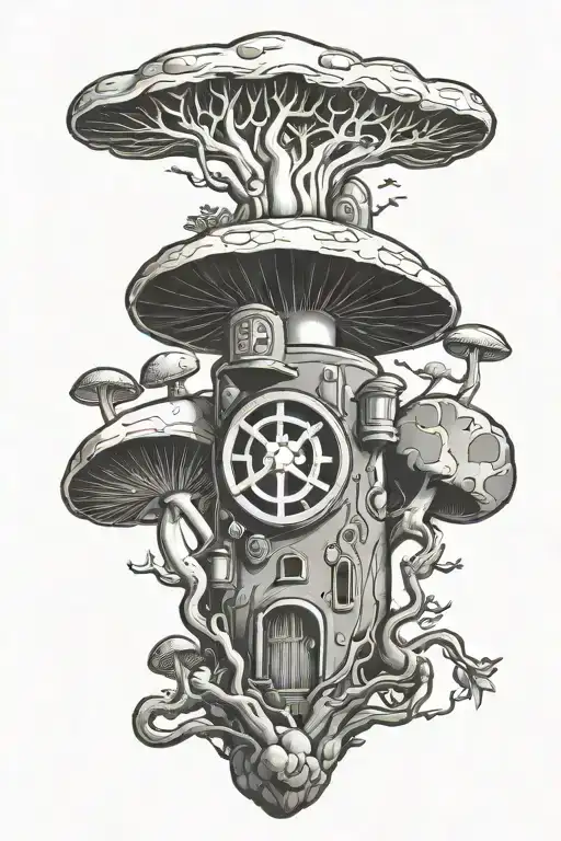 Thomas the tank engine, mushrooms, human heart, medical symbol, rock climber tattoo design idea