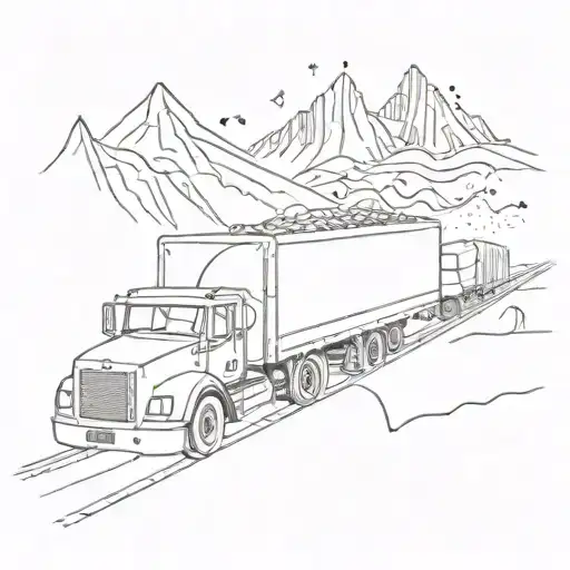 A geometric truck driving through a mountain range, with coffee cups lining the road and music notes in the sky tattoo design idea