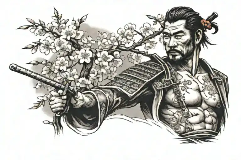 samurai in front of cherry blossom tree tattoo design idea