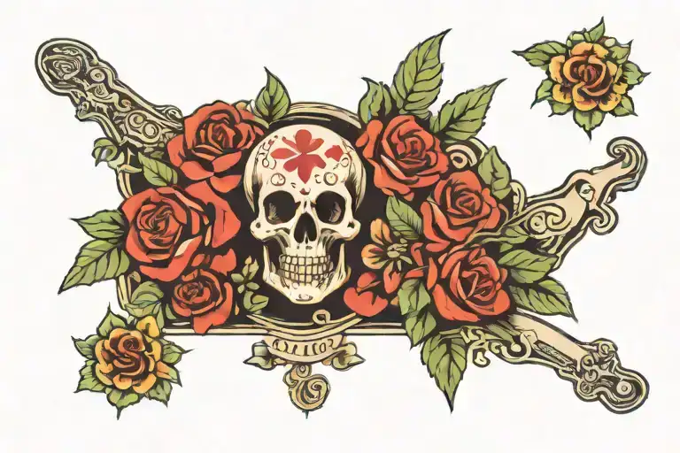 Ouija board surrounded by flowers, and a skull to the left and right of it  tattoo design idea