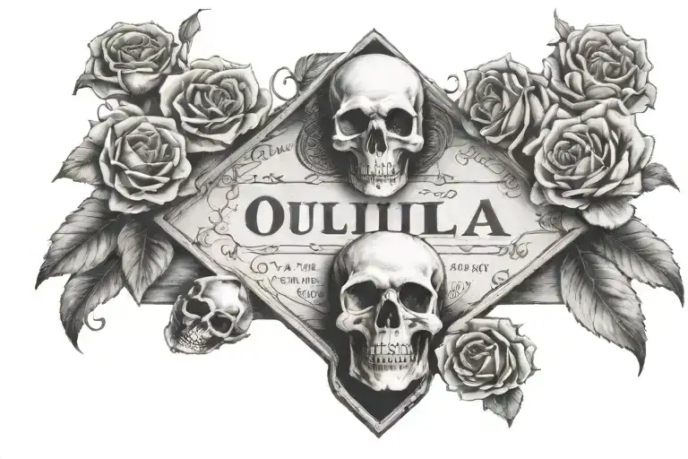 an Ouija board, with two skulls looking towards each other, on the side of the board, surrounded by flowers tattoo design idea