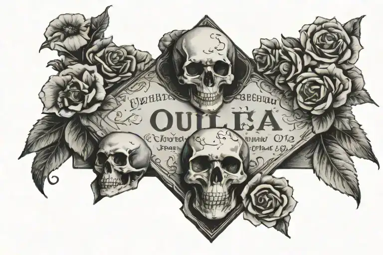 an Ouija board, with two skulls on either side of the board, surrounded by flowers. tattoo design idea