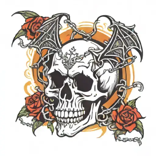 A gothic skull surrounded by thorns, chains with small bats flying tattoo design idea