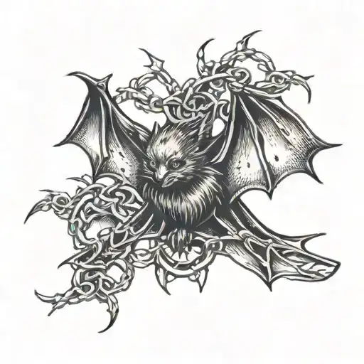 A fierce bat with its wings spread, surrounded with thorns and chains tattoo design idea
