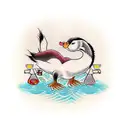 Create a tattoo with the cartoon ugly duckling in a bar with checkerd floor, alcohol bottles on the floor and the name A tattoo design idea
