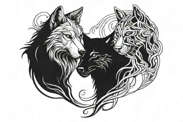 wolf and panther animal playing tattoo design idea