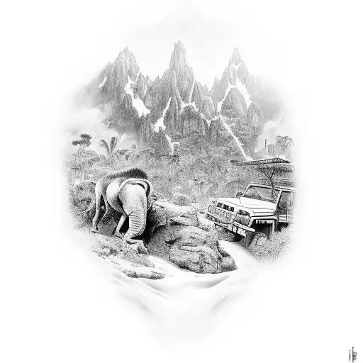 arm sleve if a jungle with 4x4 going up mountain tattoo design idea