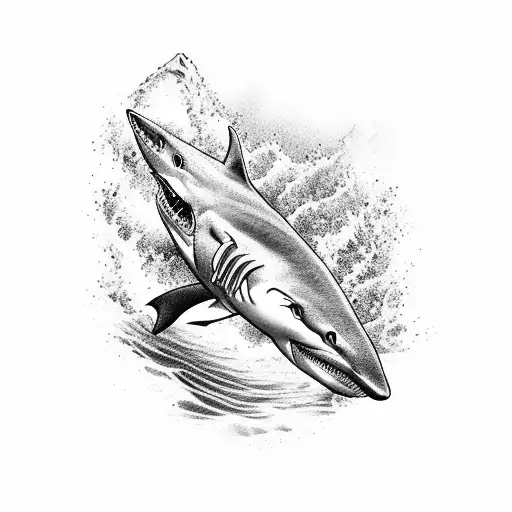 arm sleve. shark jumping out of water, beach above, jungle above that with 4x4 going up mountain tattoo design idea