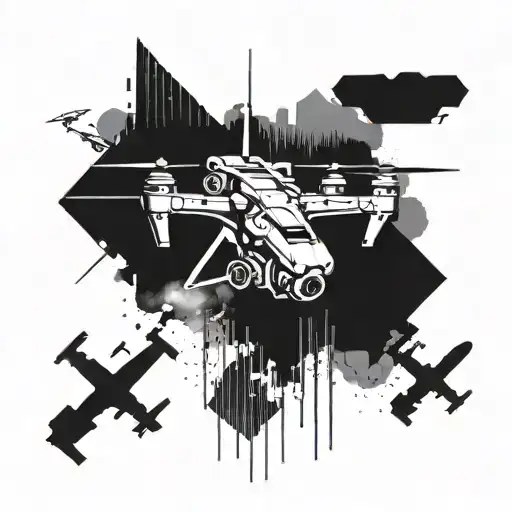 Incorporate elements of drone warfare into a futuristic battlefield scene tattoo design idea