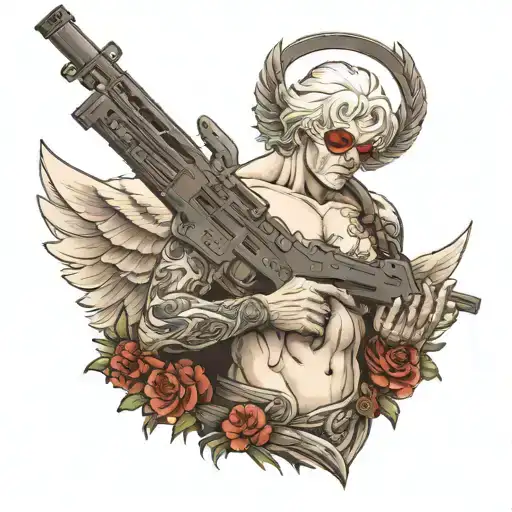shirtless angel with no face holding realistic colt m4 rifle grip tattoo design idea