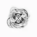 A powerful black-grey tattoo of the word 'Loveless' surrounded by swirling cosmic energy tattoo design idea