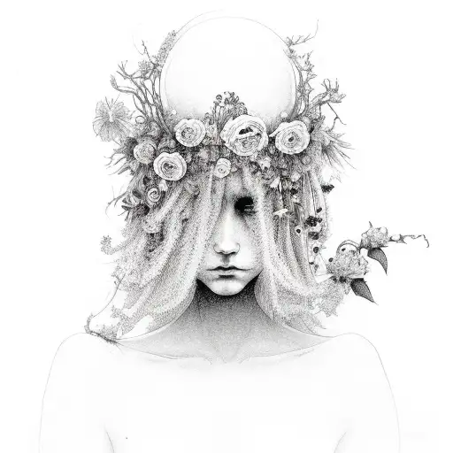 A hauntingly beautiful portrait of a mystical figure with flowers in their hair tattoo design idea