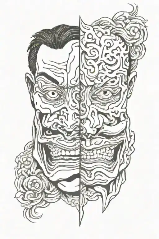 two face japanese mask split in half tattoo design idea