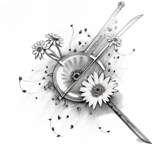 sword with forget me not flowers and daisies tattoo design idea