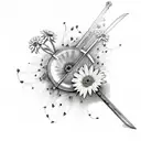 sword with forget me not flowers and daisies tattoo design idea