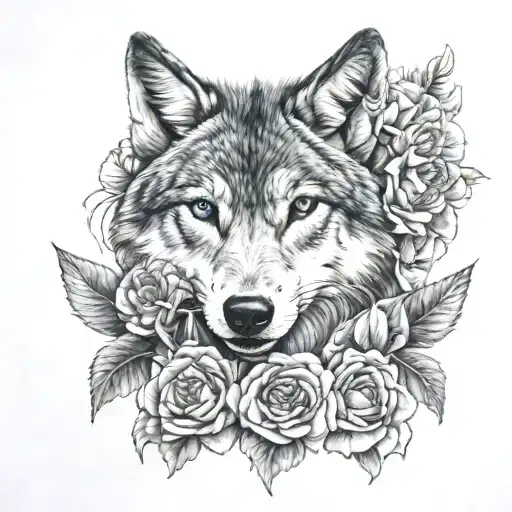 she-wolf with 3 carnations tattoo design idea