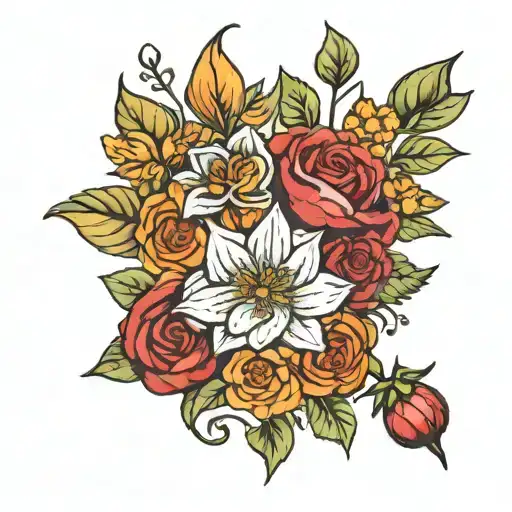 bouquet of birth month flowers August March February November december tattoo design idea