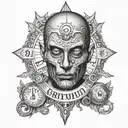 phsycic with ouija board on face reading a cryistal bal  tattoo design idea