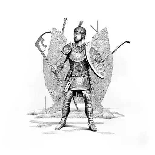 A dotwork tattoo of an ancient Roman warrior playing a musical instrument tattoo design idea