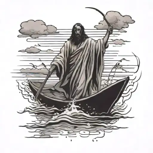 An eerie scene of Jesus walking on water with a horror twist tattoo design idea