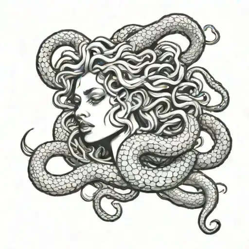 Medusa- small-medium size one snake wrapped around her but it’s breaking like the chains are broken and Medusa has no ey tattoo design idea
