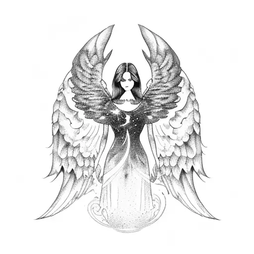 A majestic angel with wings spread wide, surrounded by a swirling galaxy in the sky. tattoo design idea
