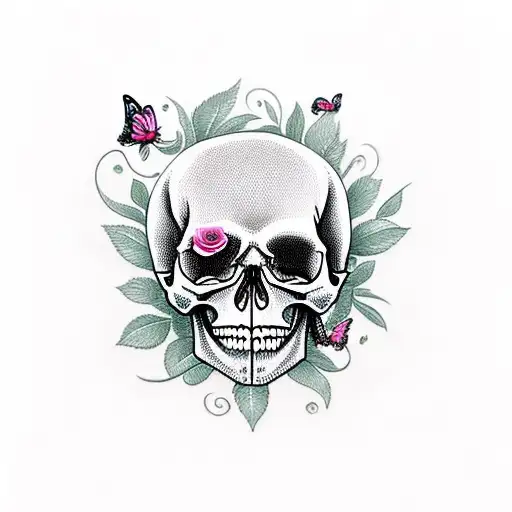 skull with rose and butterflies that say stay frees  tattoo design idea
