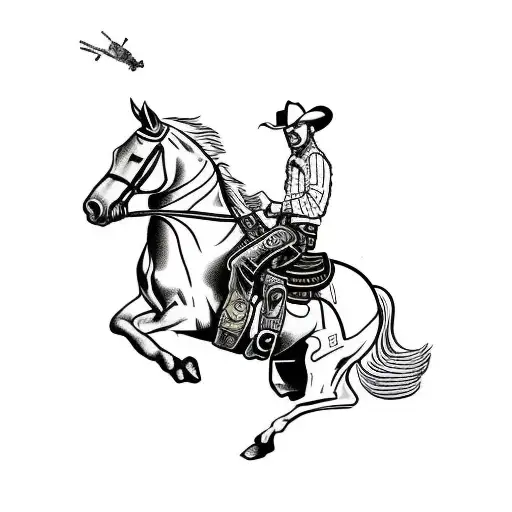 cowboy holding ahang gun, riding on a bucking horse  tattoo design idea