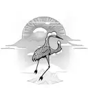 A dotwork crane flying over a mountain range with a sun rising behind it tattoo design idea